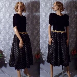 Vintage 80s Party Dress Size Small 1980s Retro Black Velvet & Gold Glam Elegant